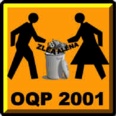 [logo d'OQP2001: dans un style panneau routier orange, une forme masculine et une forme féminine dépose ensemble la ZLÉA et l'ALÉNA dans une poubelle.]
